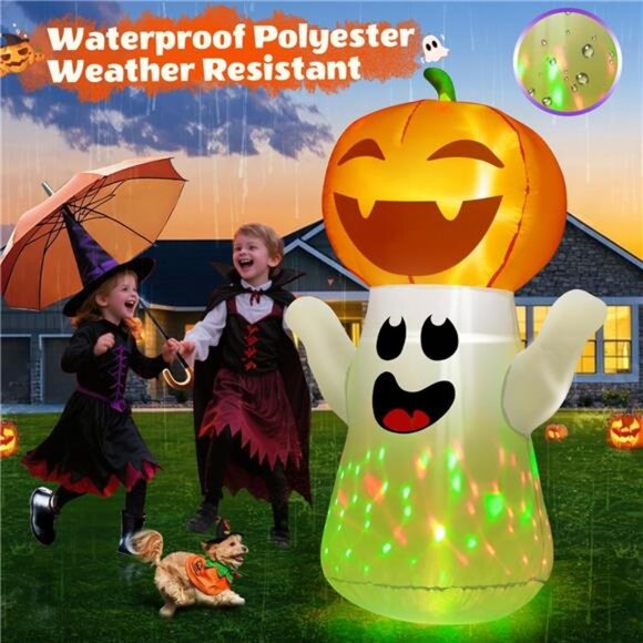 5FT Halloween Inflatables Pumpkin Ghost Built-in 3-Pattern Colorful Flashing - Picture 3 of 7